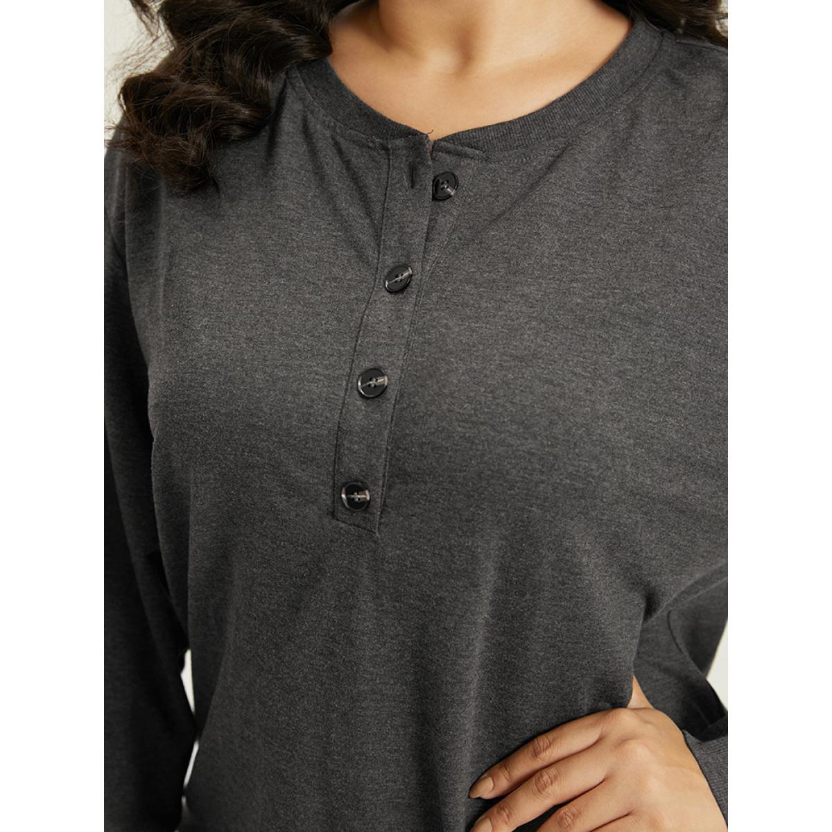 Plus Size Solid Button Through Elastic Cuffs Sweatshirt Women DimGray Casual Plain Open Front Dailywear Sweatshirts BloomChic 12/L Product Image