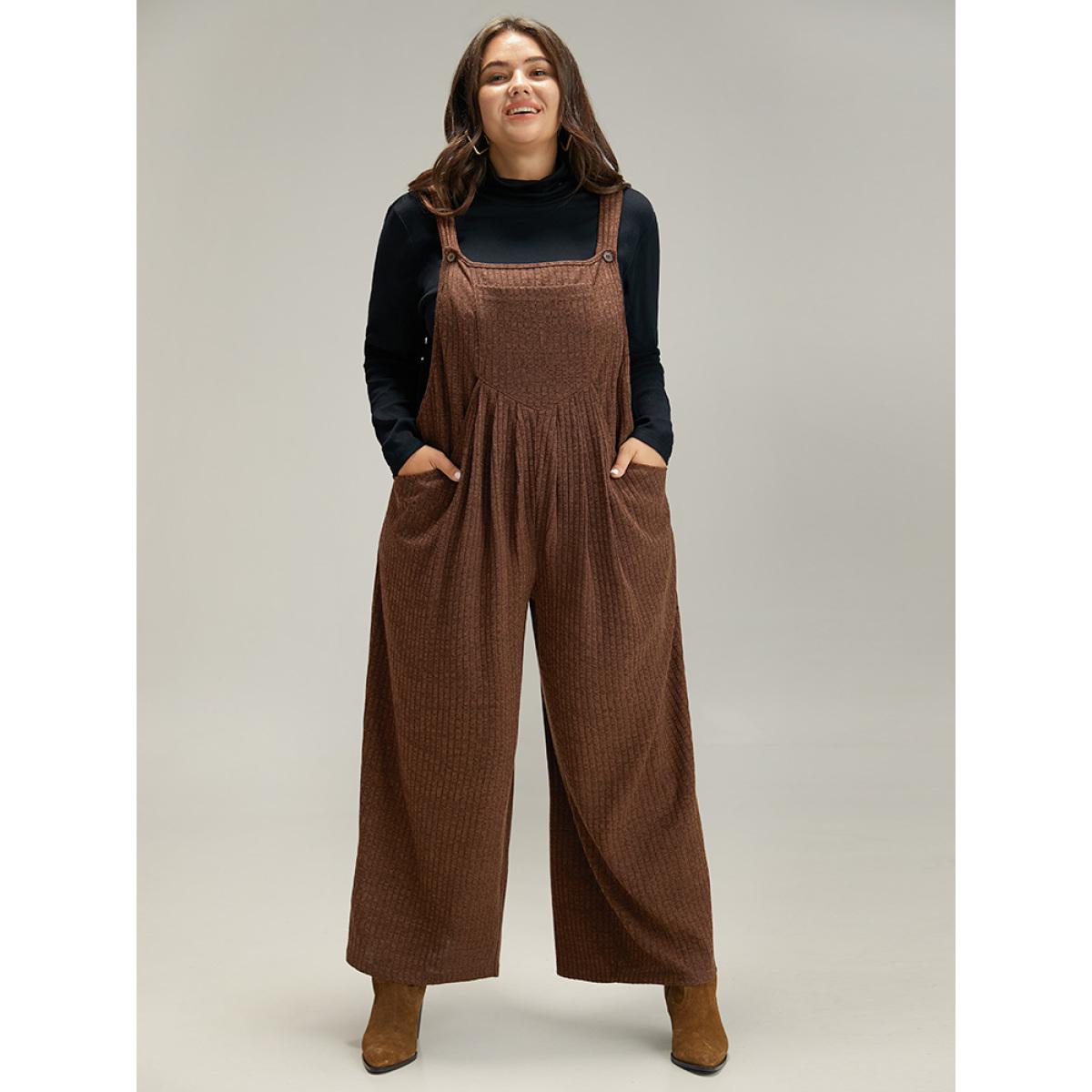 Plus Size DarkBrown Solid Pocket Pleated Adjustable Straps Jumpsuit Women Casual Sleeveless Spaghetti Strap Dailywear Loose Jumpsuits BloomChic 12/L Product Image