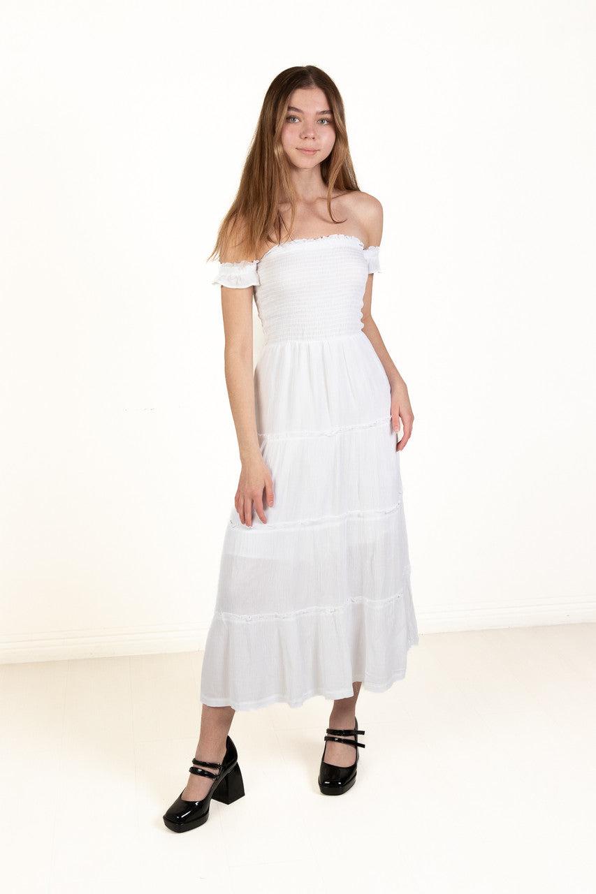 White Over The Shoulder Tiered Maxi Dress Product Image