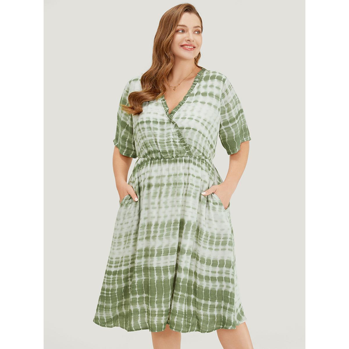 Plus Size Tie Dye Surplice Neck Pocket Frill Trim Dress LightGreen Women Vacation Wrap V-neck Short sleeve Curvy Knee Dress BloomChic 22-24/3X Product Image