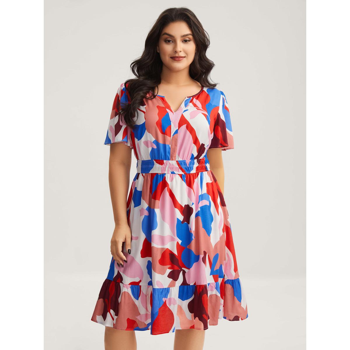 Plus Size Color Block Stretchy Notched Midi Dress Multicolor Women Flat collar with V-notch Cap Sleeve Curvy BloomChic 28/5X Product Image