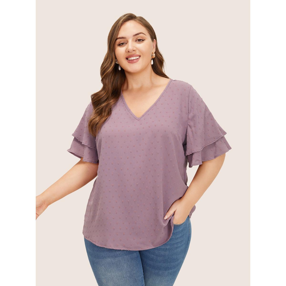 Plus Size Mauve Plain Ruffle Tiered Sleeve V Neck Polka Dot Blouse Women Timeless Short sleeve V-neck Elegant Blouses BloomChic 28/5X Product Image