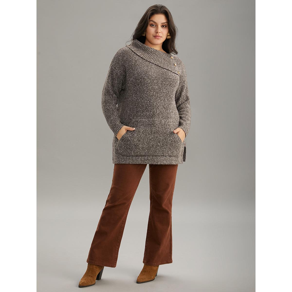 Plus Size Heather Split Hem Asymmetrical Button Detail Pullover DarkBrown Women Casual Loose Long Sleeve Asymmetrical Neck Dailywear Pullovers BloomChic 30/6X Product Image