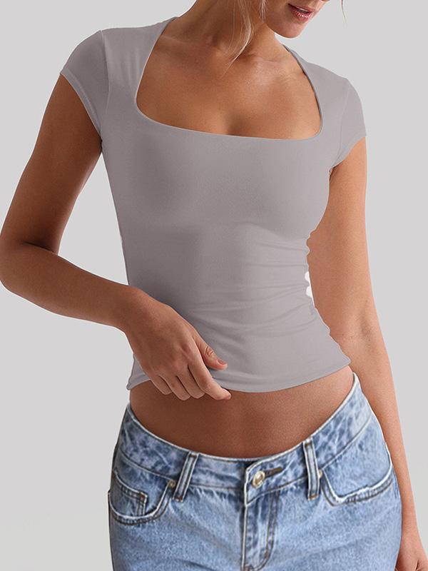 Short Sleeves Skinny Solid Color Square-Neck T-Shirts Tops Product Image