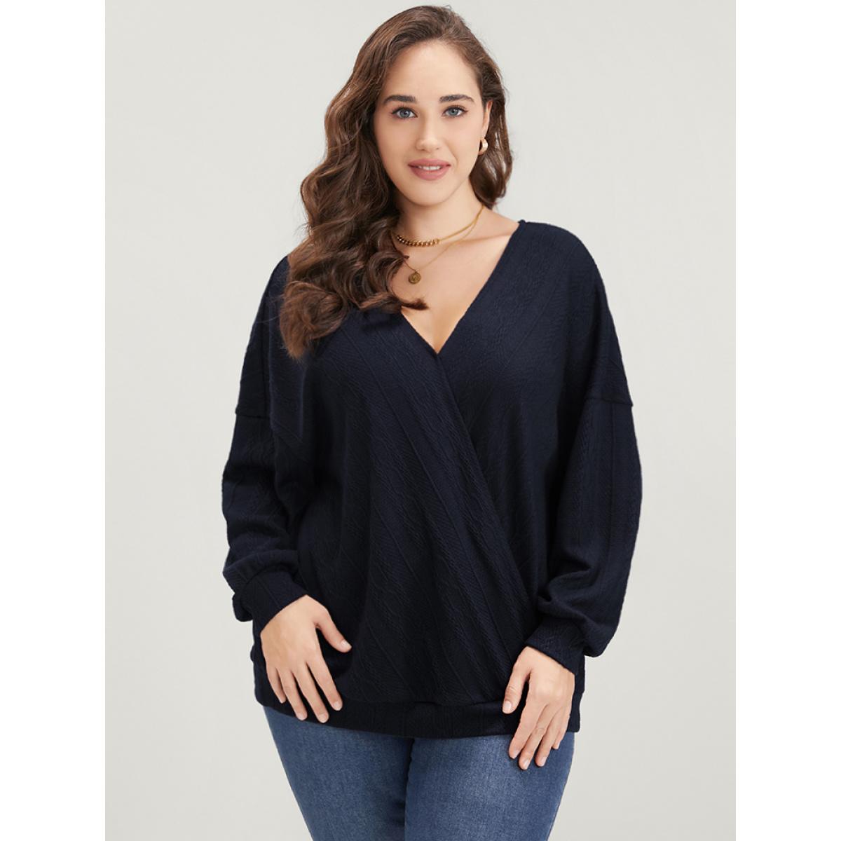 Plus Size Solid Cable Knit Surplice Neck Drop Shoulder Sweatshirt Women DarkBlue Elegant Plain V-neck Dailywear Sweatshirts BloomChic 12/L Product Image
