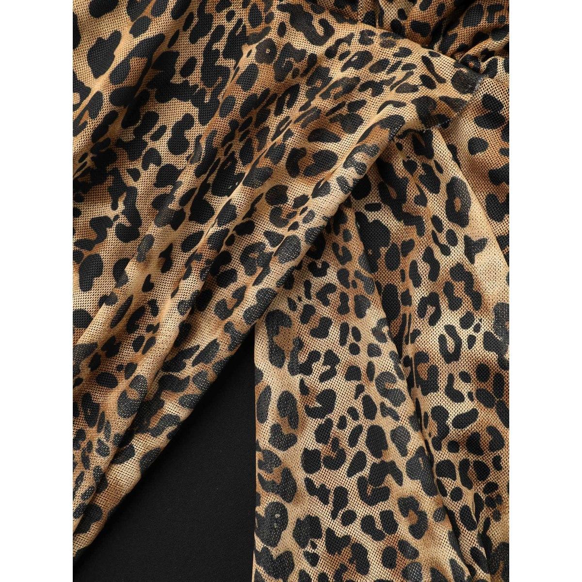 Plus Size Leopard Print Split Side Hem Swim Dress Women's Swimwear Leopard Beach Bodycon Overlap Collar High stretch Curve Swim Dresses BloomChic 26/4X Product Image