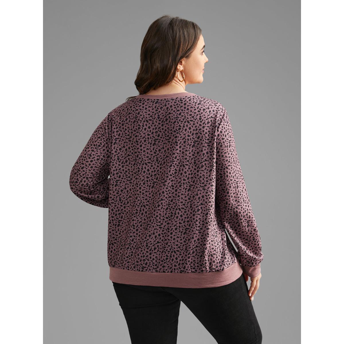 Plus Size Leopard Print Crew Neck Stretchy Sweatshirt Women DustyPink Casual Contrast Round Neck Everyday Sweatshirts BloomChic 10/M Product Image