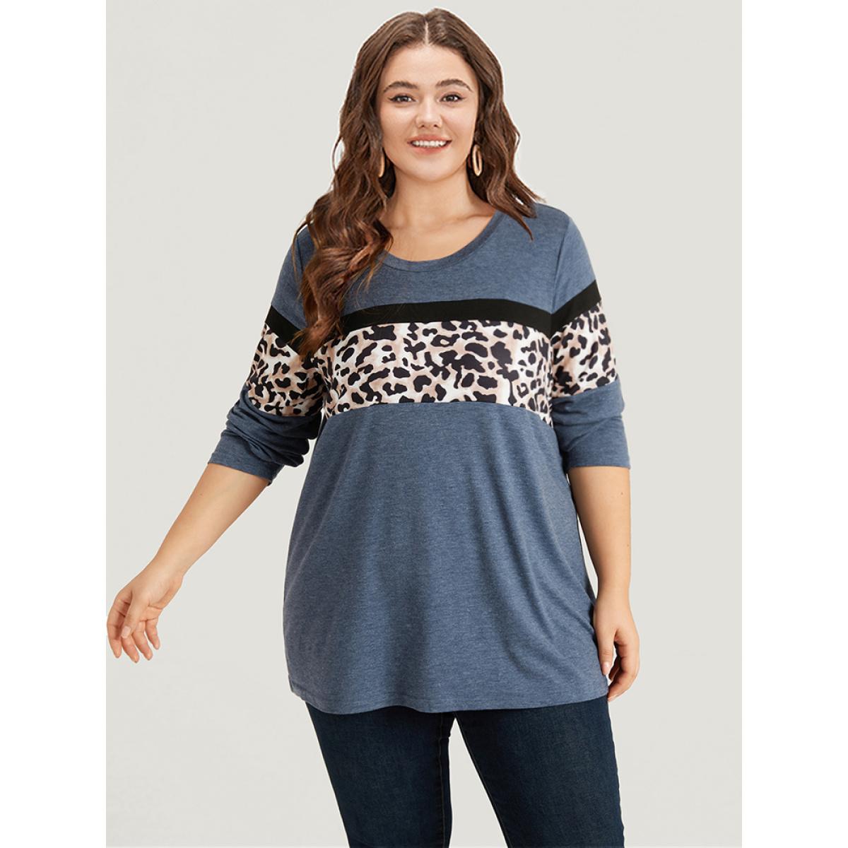 Plus Size Leopard Heather Patchwork Crew Neck T-shirt Blue Women Casual Patchwork Patchwork Round Neck Dailywear T-shirts BloomChic 12/L Product Image