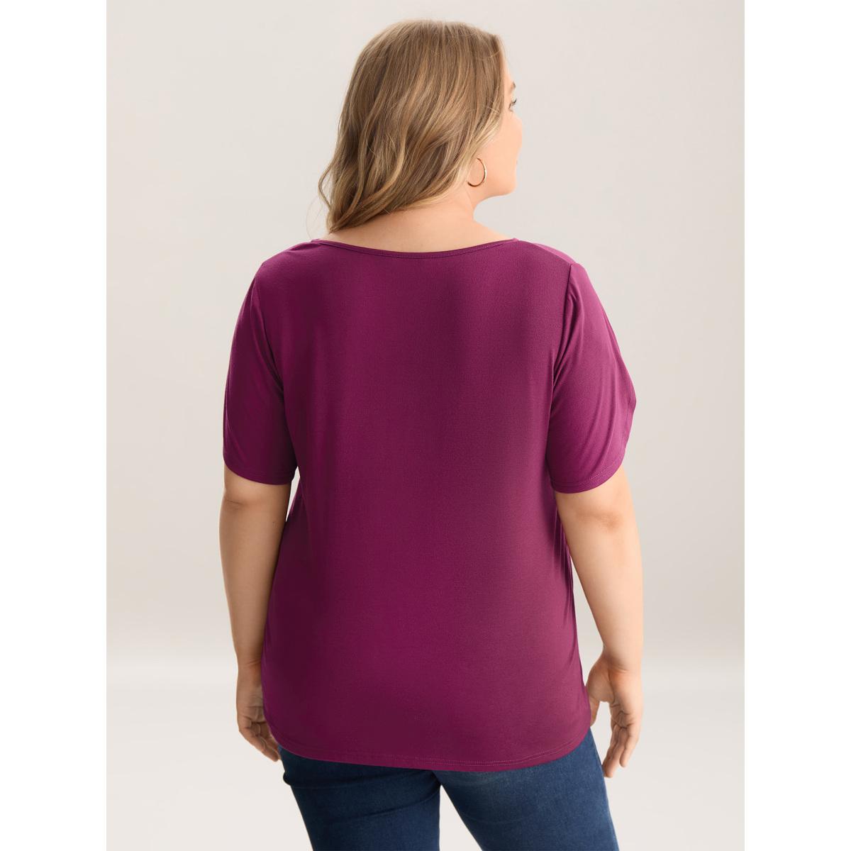 Plus Size Petal Sleeve Keyhole Plain T-Shirt RedViolet Women Petal edge V-neck Everyday-Casual T-shirts BloomChic 18-20/2X Product Image