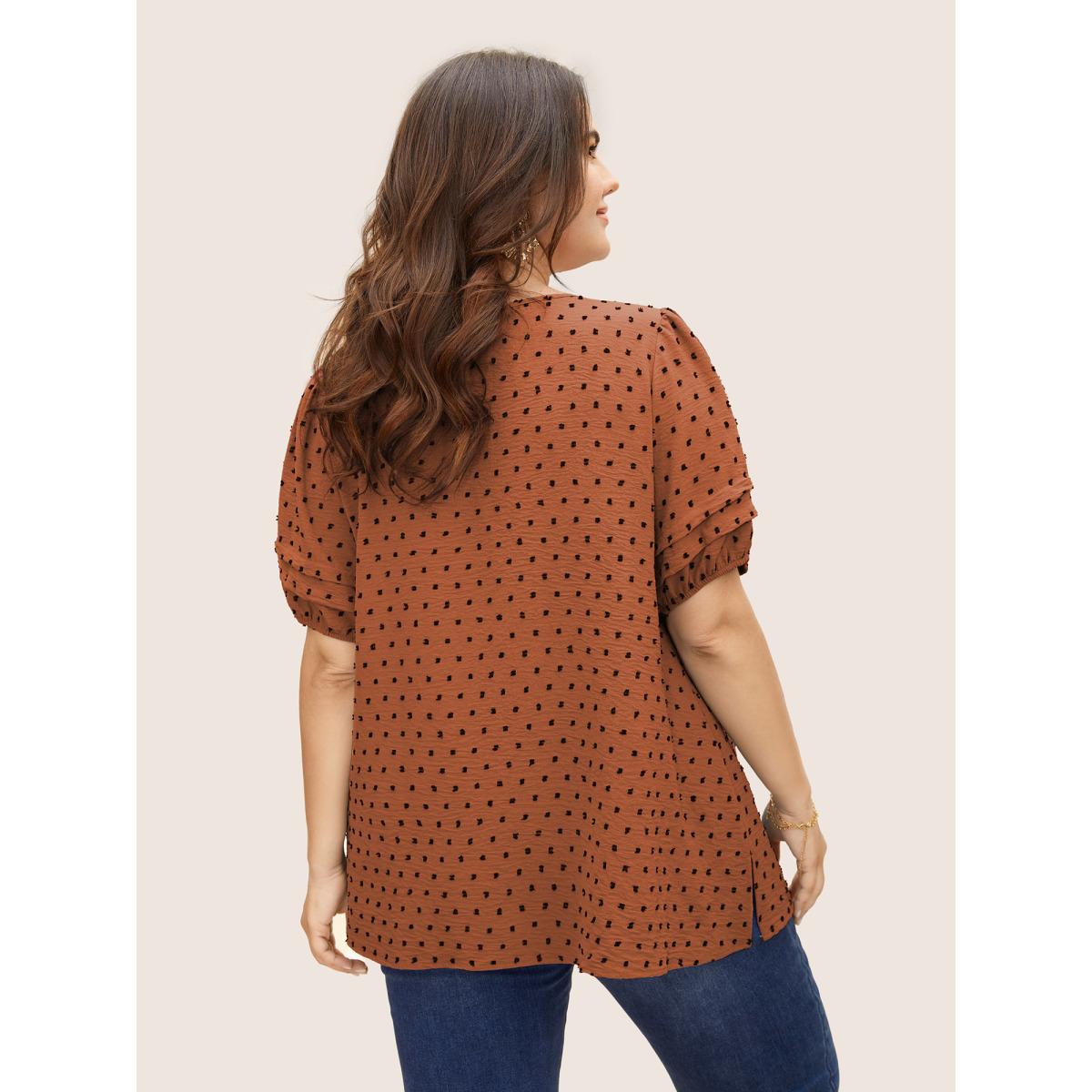 Plus Size Rust Textured Polka Dot Blouse Women Elegant Short sleeve Round Neck Everyday Blouses BloomChic 26/4X Product Image
