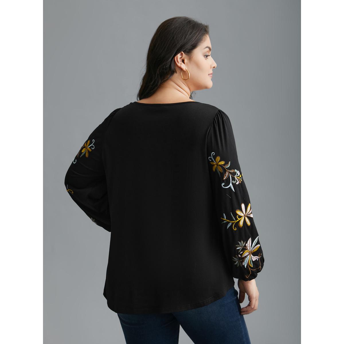 Plus Size Floral Embroidered Sleeve Notched Neckline T-shirt Black Women Elegant Gathered Natural Flowers Notched collar Everyday T-shirts BloomChic 30/6X Product Image