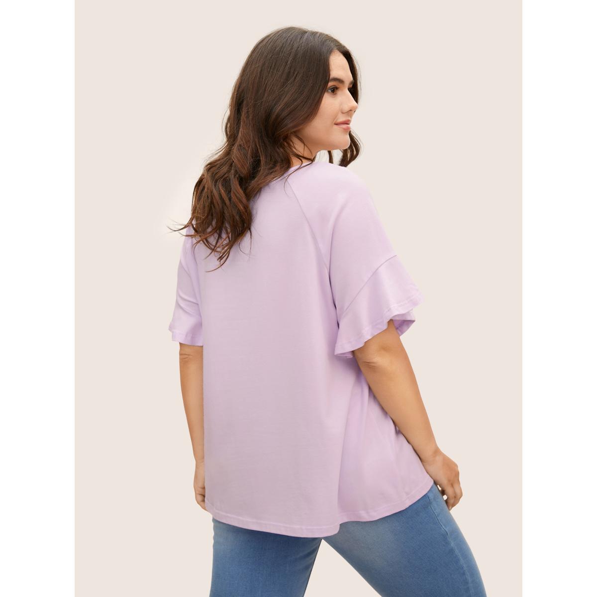 Plus Size Cotton Round Neck Plain Patchwork Ruffles T-shirt Lavender Women Elegant Patchwork Round Neck Everyday T-shirts BloomChic 18-20/2X Product Image
