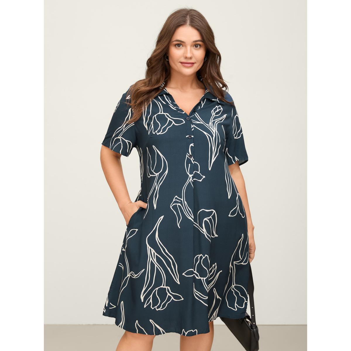 Plus Size Floral Print Cinched Flared Knee-Length Dress DarkBlue Women Office Shirt collar Short sleeve Curvy BloomChic 14-16/1X Product Image