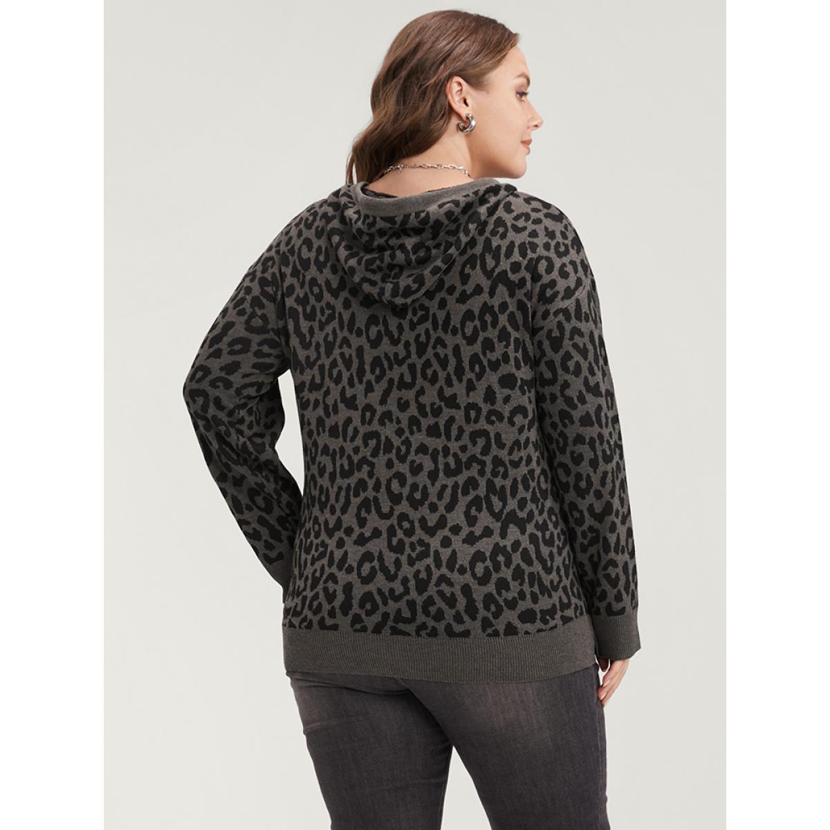 Plus Size Leopard Contrast Pointelle Knit Pocket Drawstring Hooded Knit Top DimGray Women Casual Long Sleeve Hooded Dailywear Pullovers BloomChic 28/5X Product Image