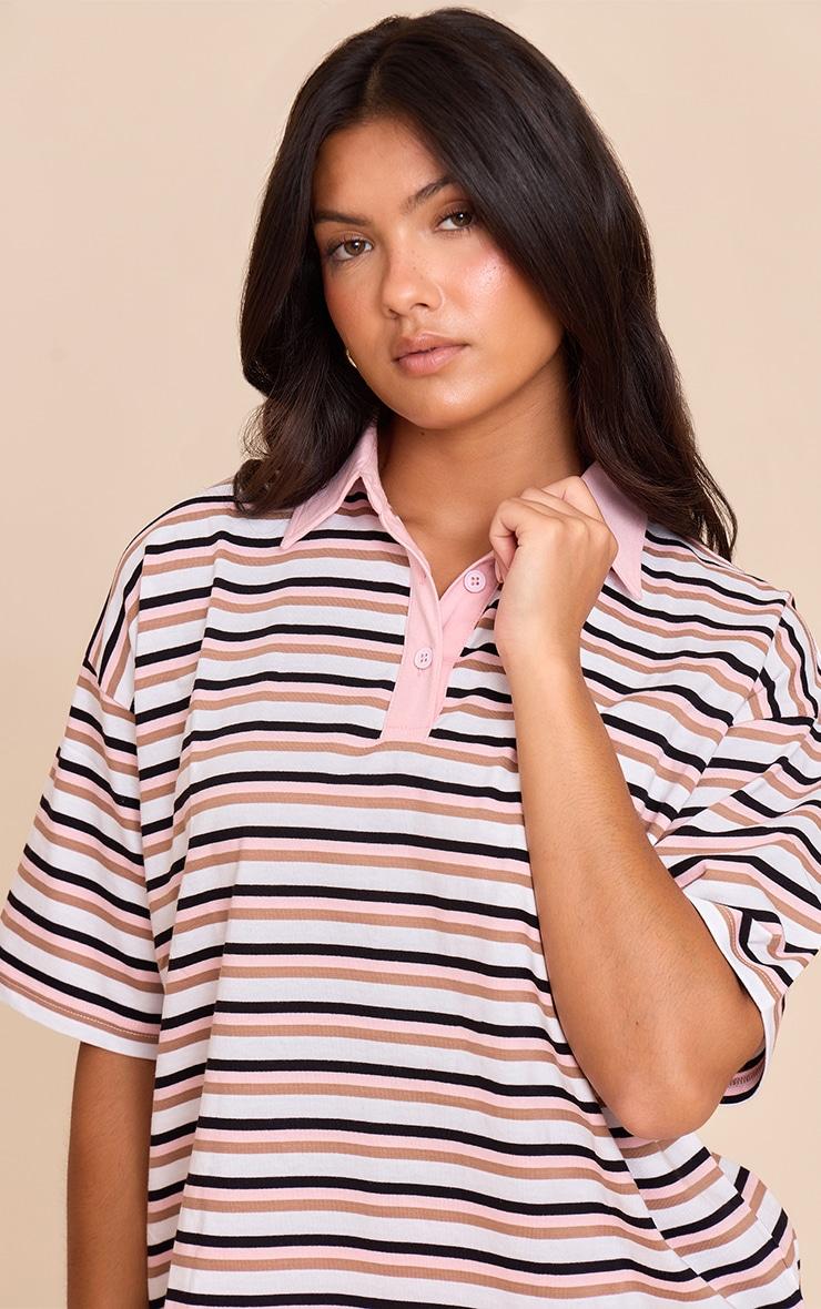Pink Striped Oversized Collared T-shirt Product Image