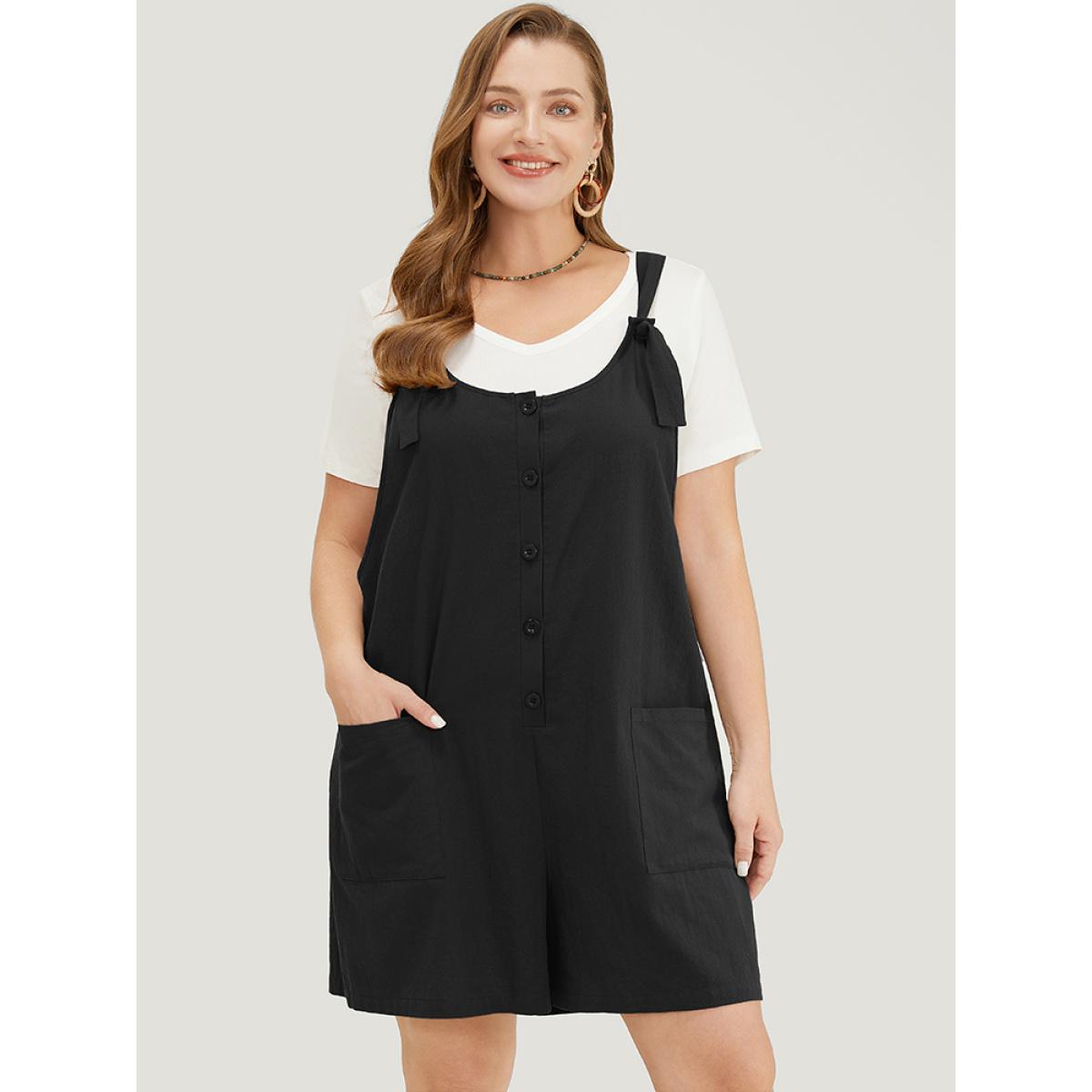 Plus Size Black Solid Pocket Button Detail Knot Shoulder Overall Romper Women Casual Sleeveless Tie Neck Dailywear Loose Jumpsuits BloomChic 22-24/3X Product Image