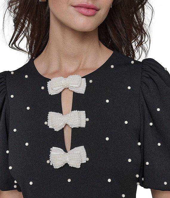 KARL LAGERFELD PARIS Dotted Scuba Crepe Round Neck Short Puff Sleeve Pearl Bow Sheath Dress Product Image