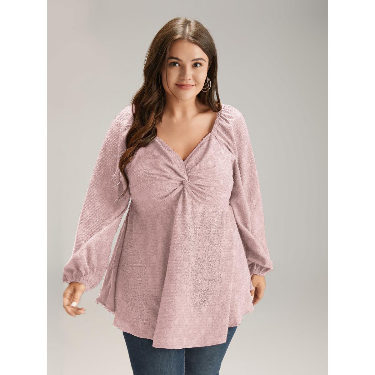 Plus Size DustyPink Solid Glitter Twist Front Gathered Blouse Women Cocktail Long Sleeve V-neck Party Blouses BloomChic 12/L Product Image