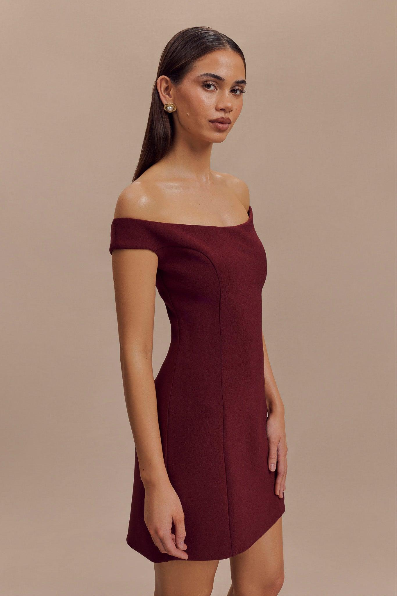 Cassidy Crepe Off Shoulder Mini Dress - Merlot Product Image