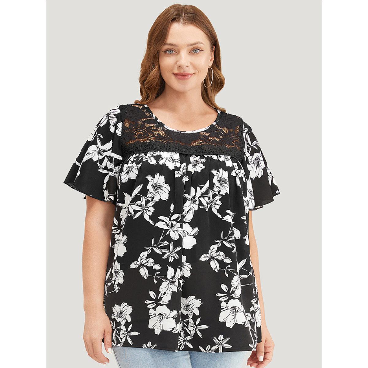 Plus Size BlackFlower Floral Print Gathered Lace Patchwork Blouse Women Elegant Short sleeve Round Neck Dailywear Blouses BloomChic 14-16/1X Product Image