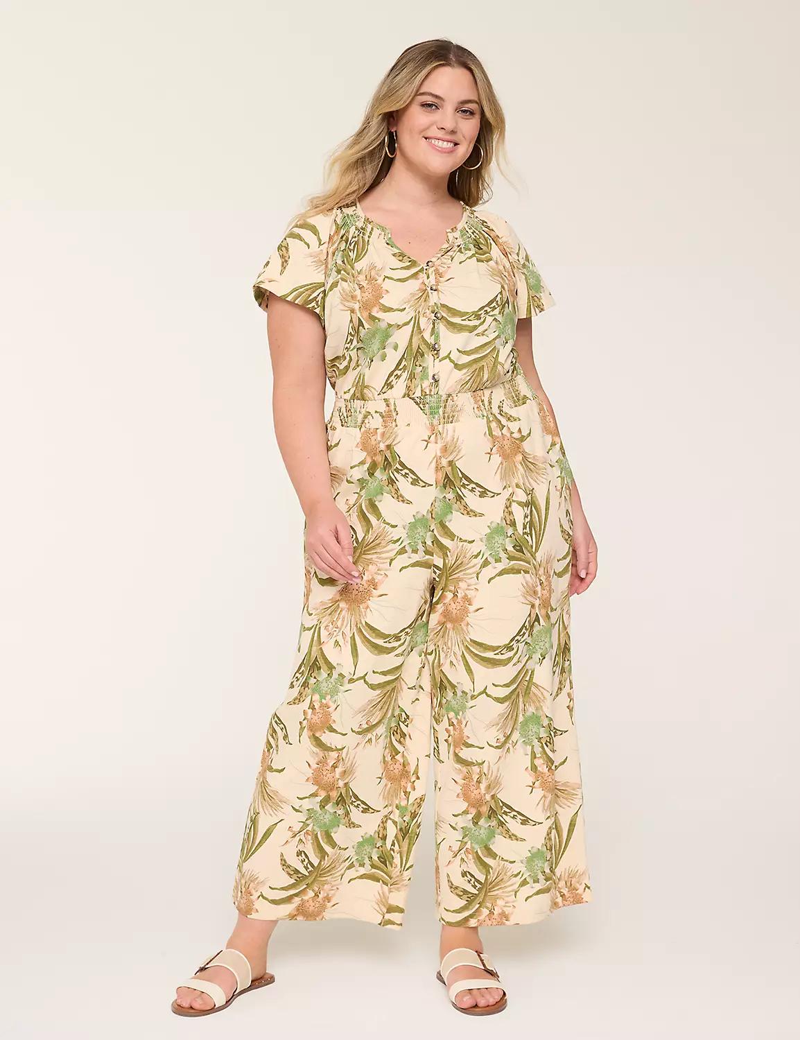 Smocked-Neck Button-Front Jumpsuit Product Image