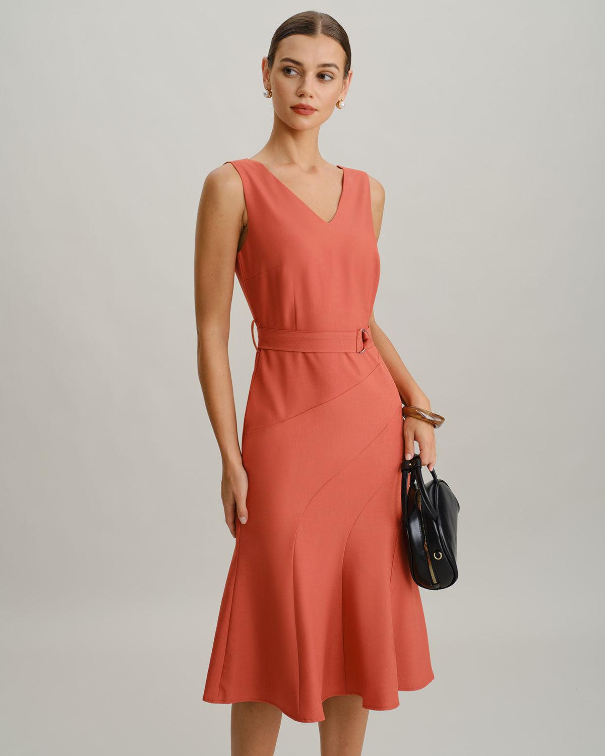 Red V Neck Mermaid Sleeveless Midi Dress Product Image