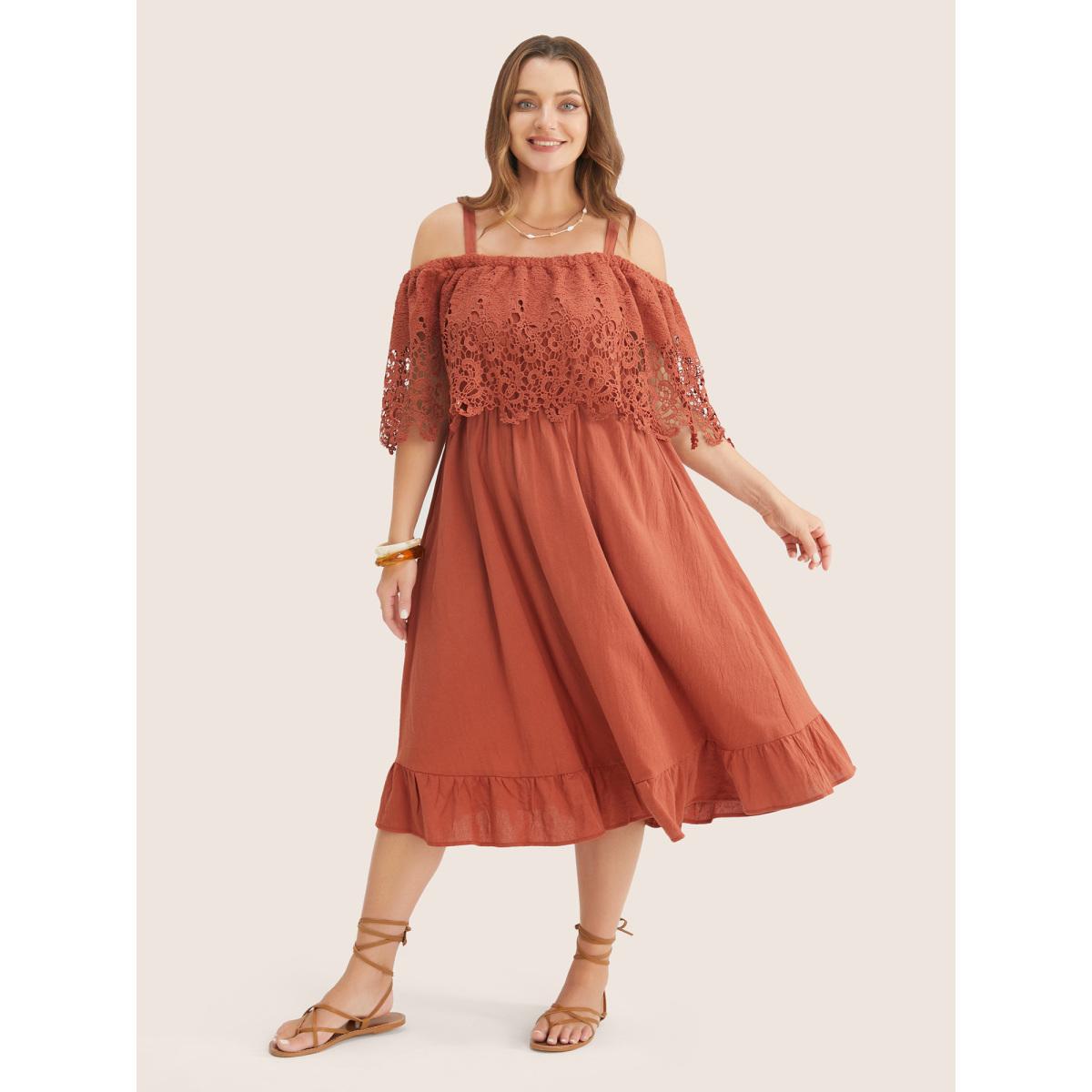 Plus Size Solid Cold Shoulder Contrast Lace Pocket Ruffle Hem Dress Chocolate Women Resort Broderie anglaise Non Short sleeve Curvy Midi Dress BloomChic 28/5X Product Image