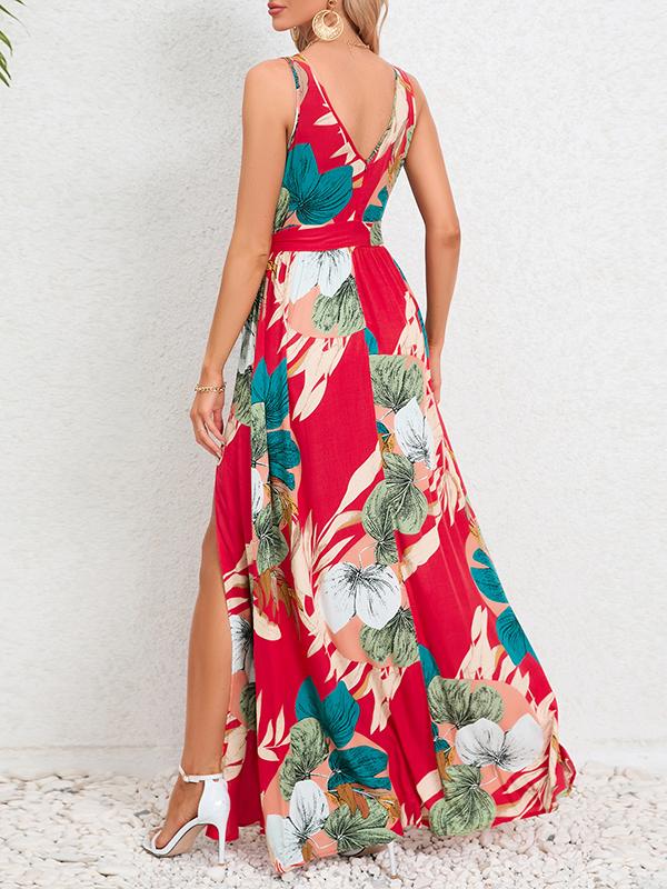 A-Line Loose Flower Print Pleated Split-Front Tied Waist V-Neck Maxi Dresses Product Image
