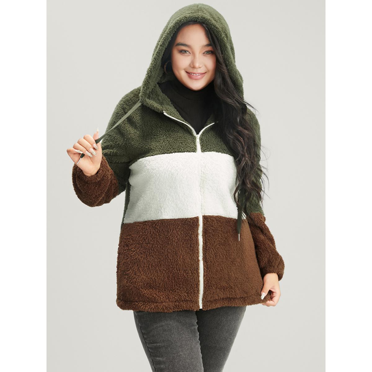 Plus Size Colorblock Contrast Pocket Zip Up Coat Women ArmyGreen Casual Contrast Ladies Dailywear Winter Coats BloomChic 18-20/2X Product Image