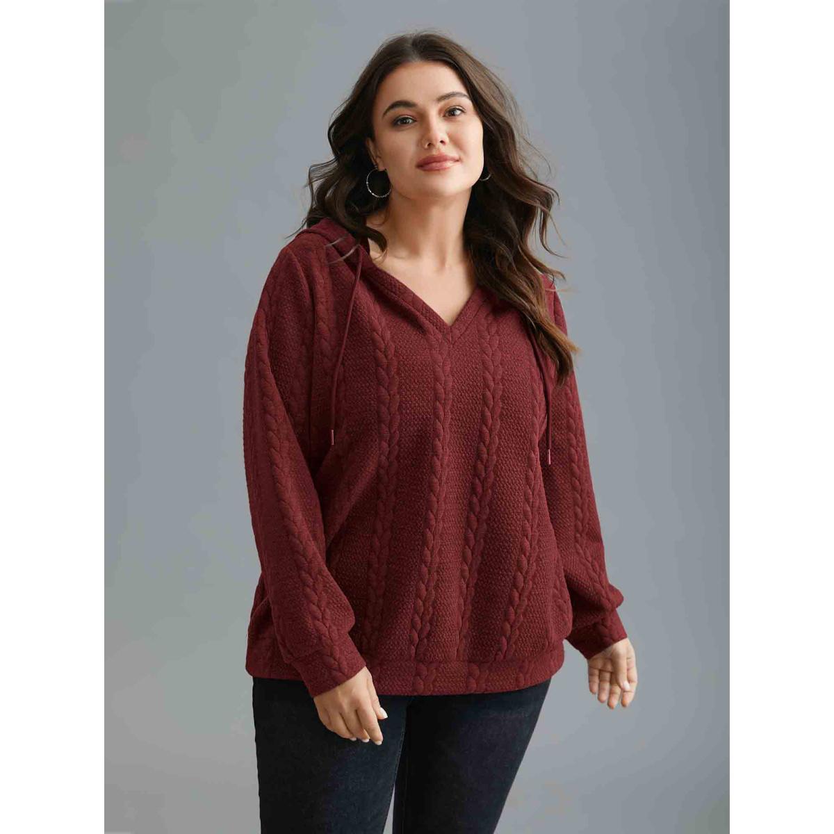 Plus Size Cable Knit V-Neck Ribbed Hem Hoodie Women Burgundy Casual Texture Hooded Everyday Sweatshirts BloomChic 28/5X Product Image