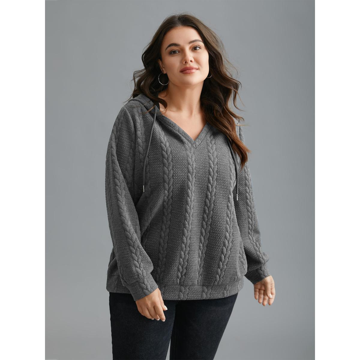 Plus Size Cable Knit V-Neck Ribbed Hem Hoodie Women DimGray Casual Texture Hooded Everyday Sweatshirts BloomChic 14-16/1X Product Image