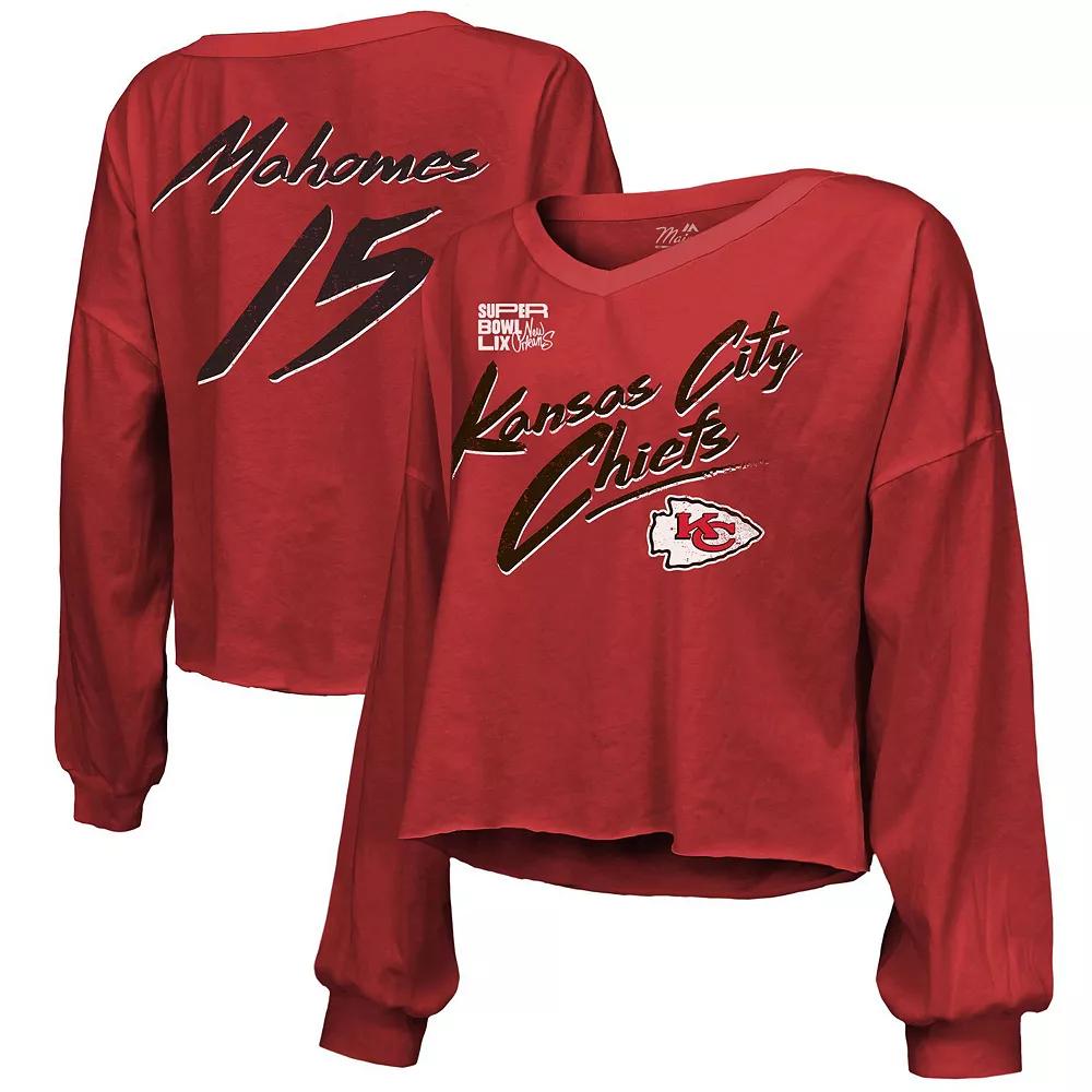 Women's Majestic Threads Patrick Mahomes Red Kansas City Chiefs Super Bowl LIX Name & Number Off-Shoulder Script Long Sleeve V-Neck T-Shirt, Size: XL Product Image