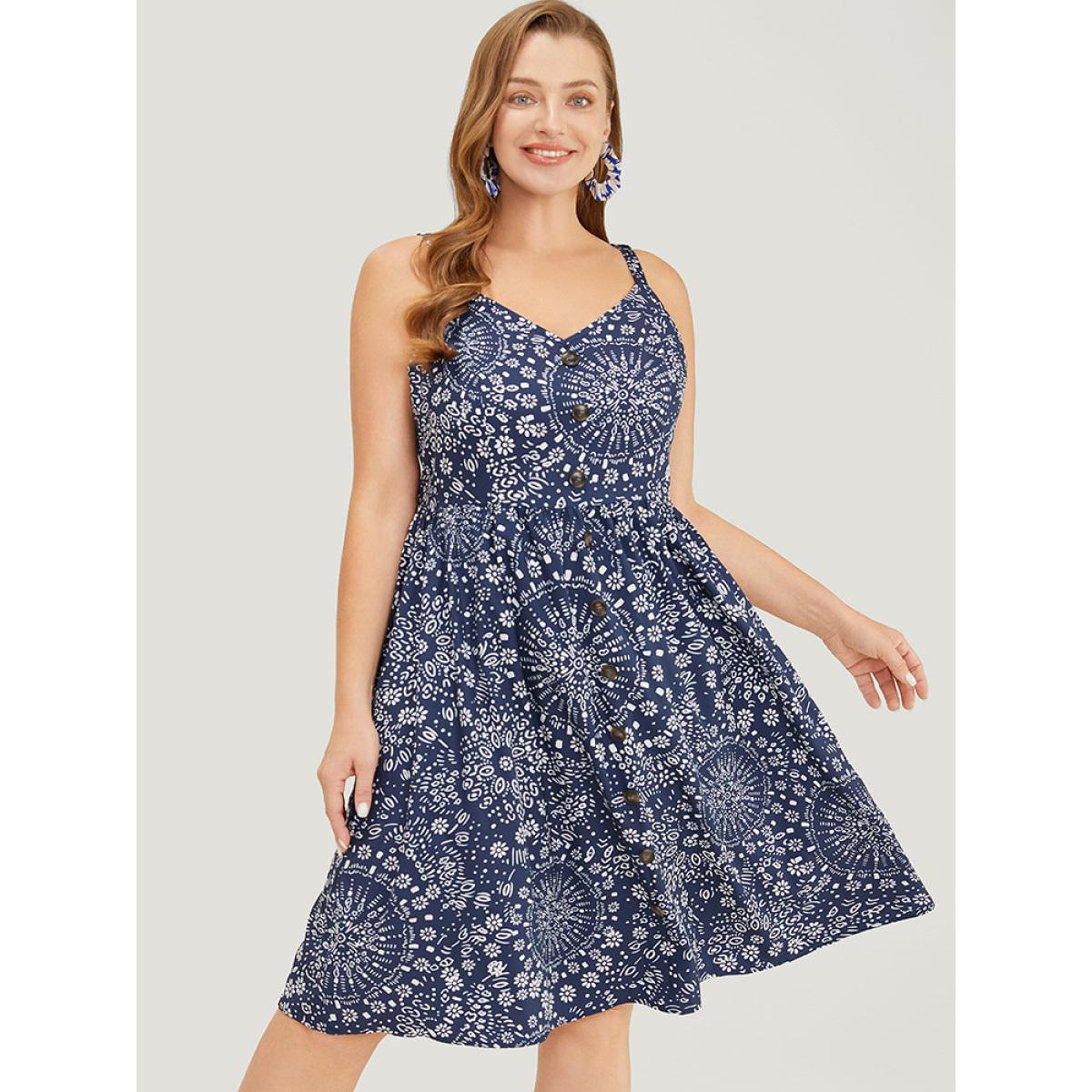 Plus Size Moroccan Print Pocket Button Detail Cami Dress Indigo Women Vacation Adjustable Straps V-neck Sleeveless Curvy Knee Dress BloomChic 12/L Product Image