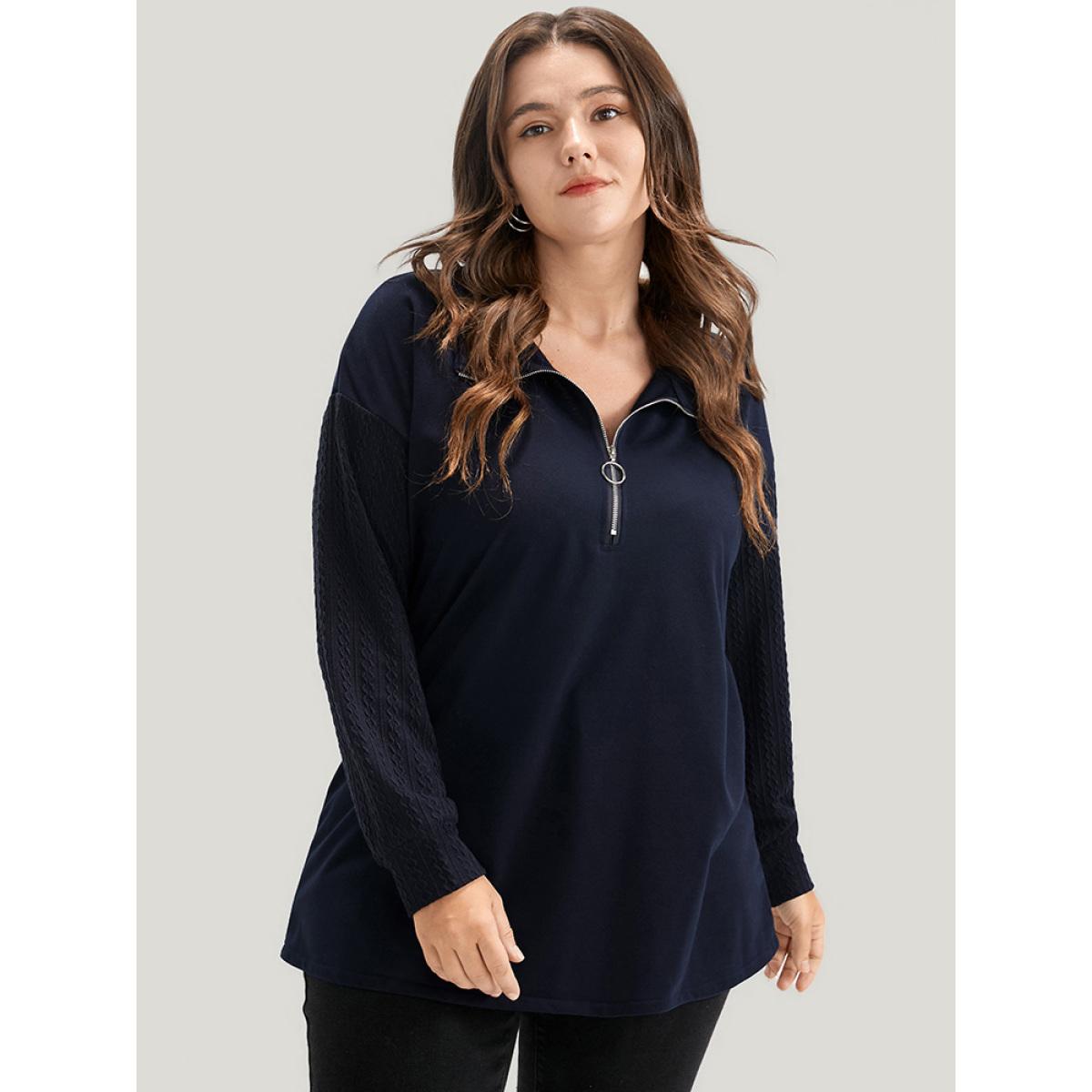 Plus Size Solid Drop Shoulder Zipper Lapel Collar Sweatshirt Women DarkBlue Casual Plain Lapel Collar Dailywear Sweatshirts BloomChic 30/6X Product Image
