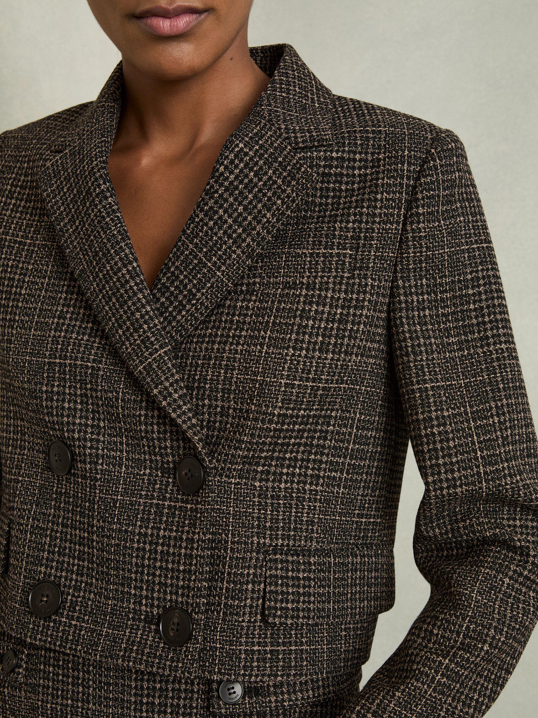 Double-Breasted Tweed Cropped Blazer in Brown Check Product Image