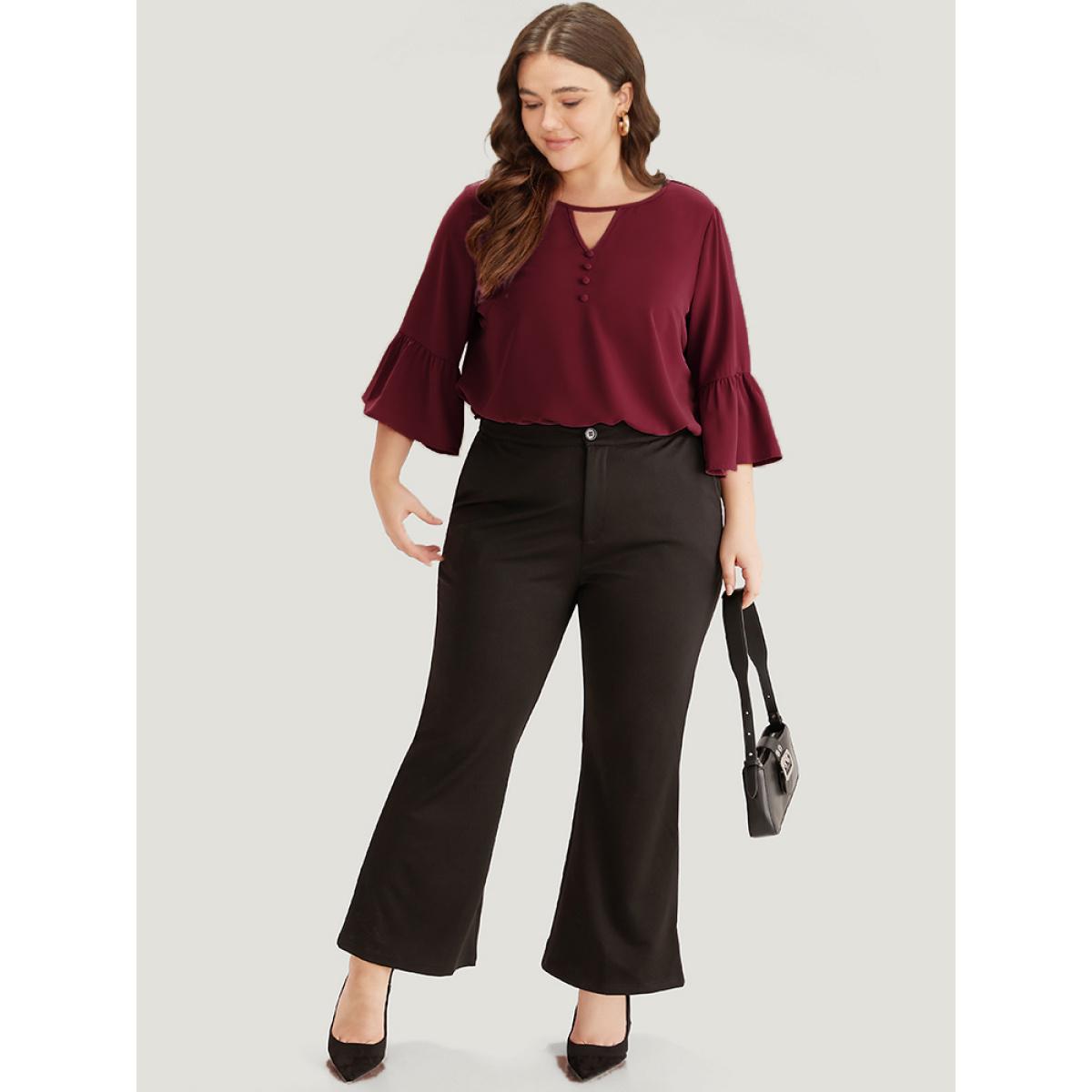 Plus Size Cyan Plain Keyhole Bell Sleeve Button Detail Blouse Women Office Elbow-length sleeve V-neck Office Blouses BloomChic 14-16/1X Product Image
