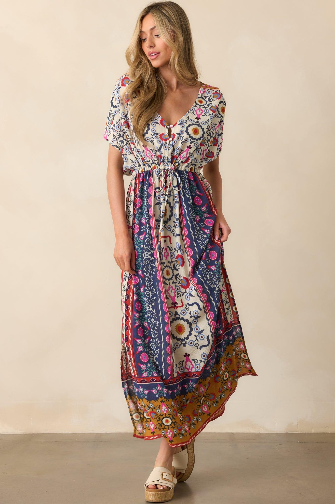 Drawn To The Horizon Navy Multi Print Short Sleeve Maxi Dress Product Image