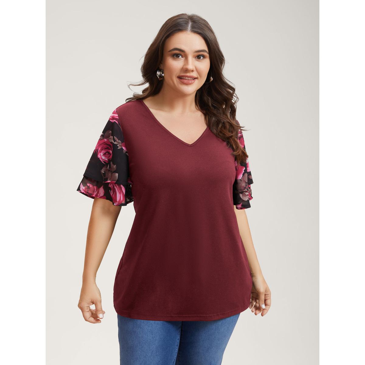 Plus Size Stretchy Floral Lotus Sleeve V-Neck T-Shirt Burgundy Women Leisure Contrast Round Neck Casual T-shirts BloomChic 22-24/3X Product Image