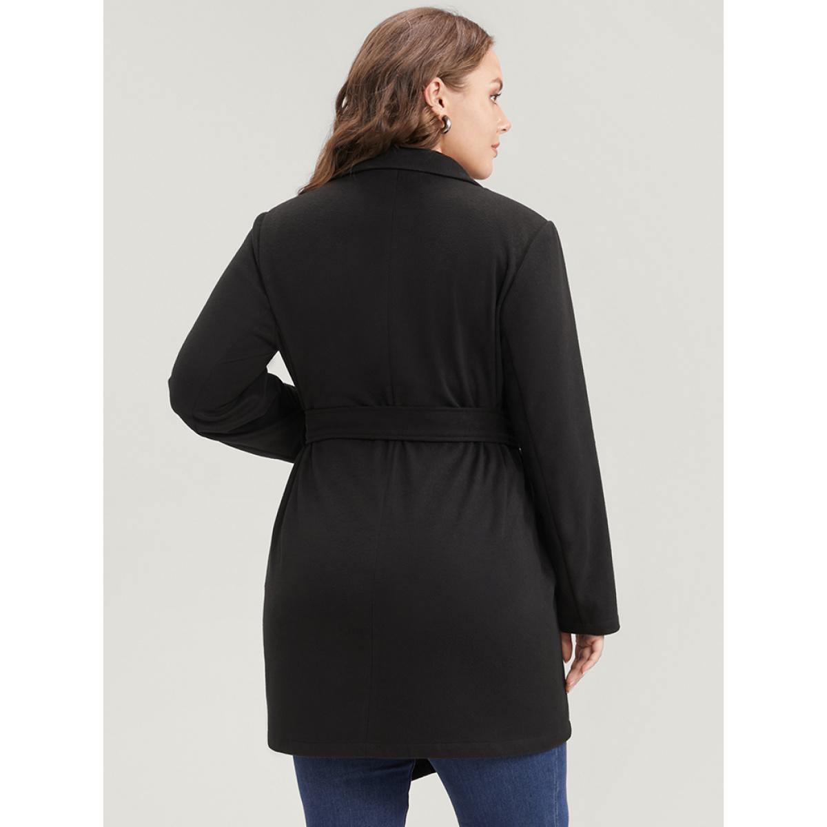 Plus Size Solid Open Front Belted Asymmetrical Hem Blazer Black Women Work Plain Belted Sleeve Long Sleeve Suit Collar 22-24/3X Pocket Belt Casual Blazers BloomChic Product Image