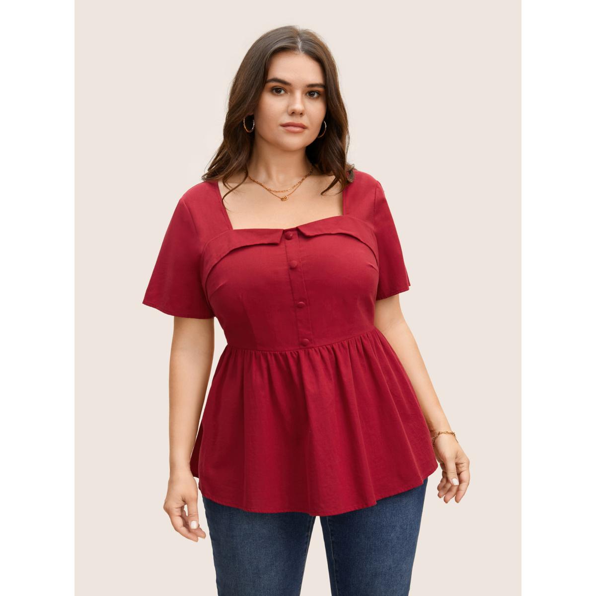 Plus Size Raspberry Square Neck Button Detail Shirred Blouse Women Elegant Short sleeve Square Neck Everyday Blouses BloomChic 28/5X Product Image