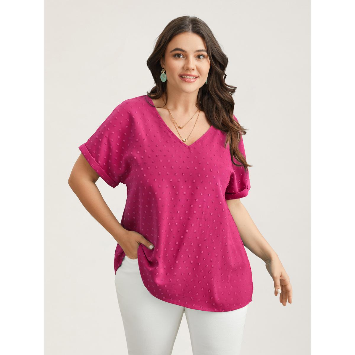 Plus Size RedViolet Back-Button Textured V-Neck Shirt Women Timeless Short sleeve V-neck Elegant Blouses BloomChic 12/L Product Image