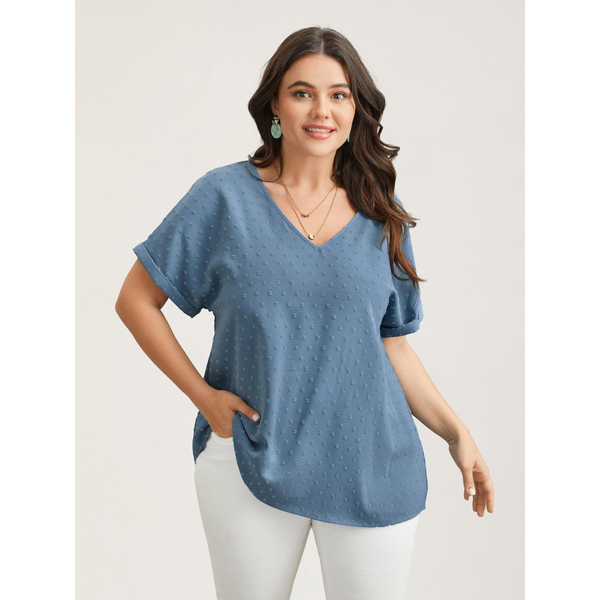 Plus Size Stone Back-Button Textured V-Neck Shirt Women Timeless Short sleeve V-neck Elegant Blouses BloomChic 12/L Product Image