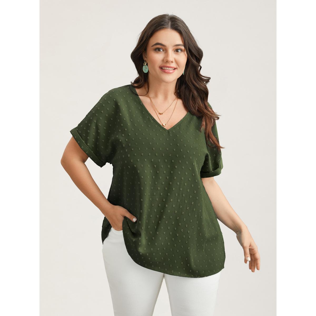 Plus Size ArmyGreen Back-Button Textured V-Neck Shirt Women Timeless Short sleeve V-neck Elegant Blouses BloomChic 14-16/1X Product Image