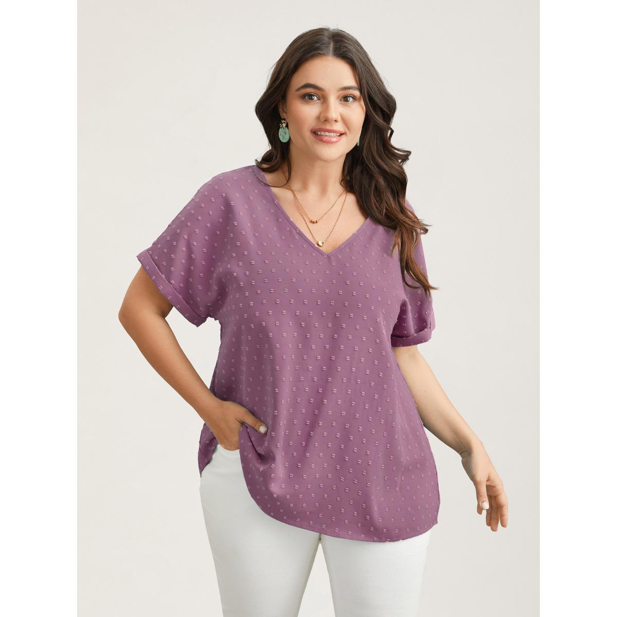 Plus Size Mauve Back-Button Textured V-Neck Shirt Women Timeless Short sleeve V-neck Elegant Blouses BloomChic 12/L Product Image