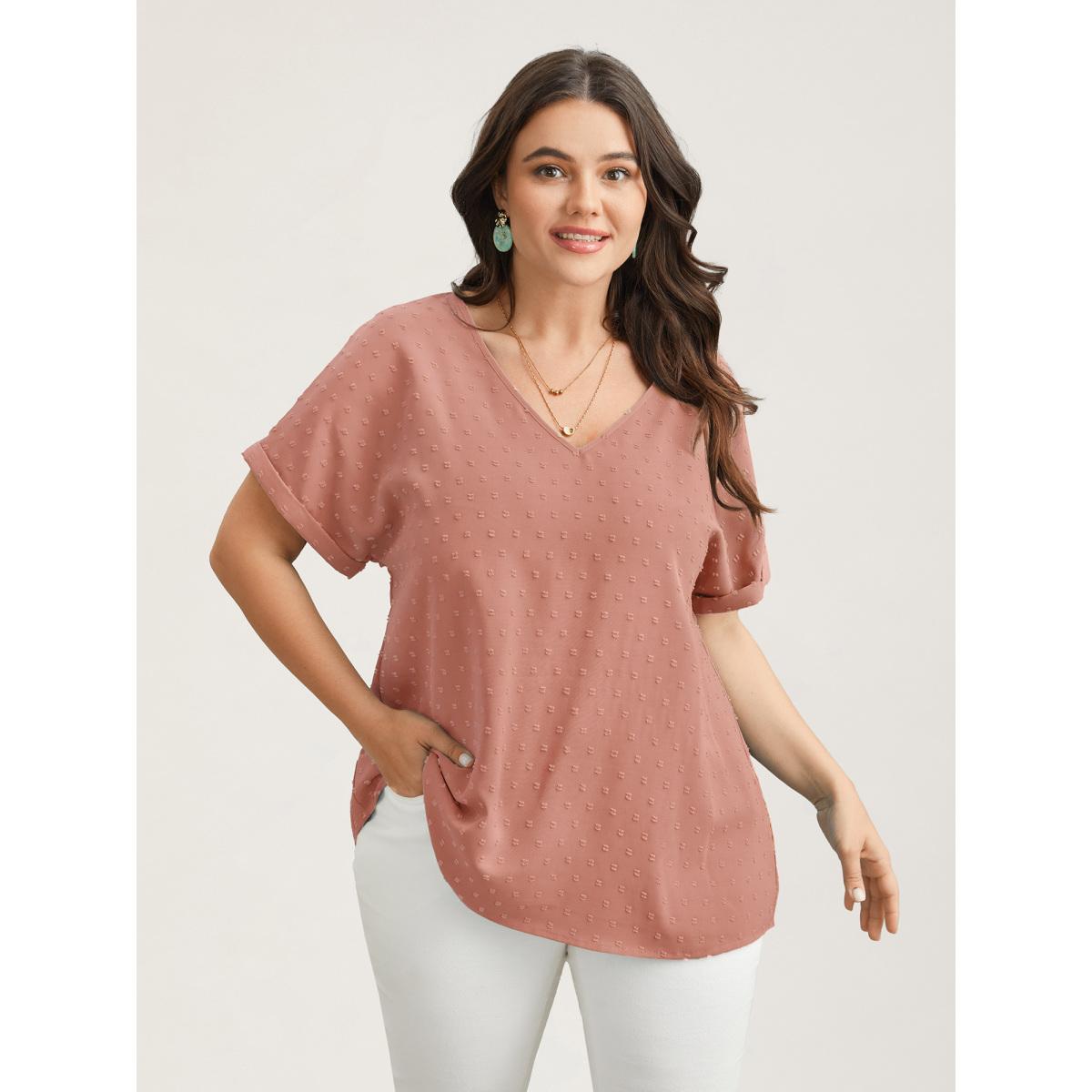 Plus Size Crepe Back-Button Textured V-Neck Shirt Women Timeless Short sleeve V-neck Elegant Blouses BloomChic 18-20/2X Product Image