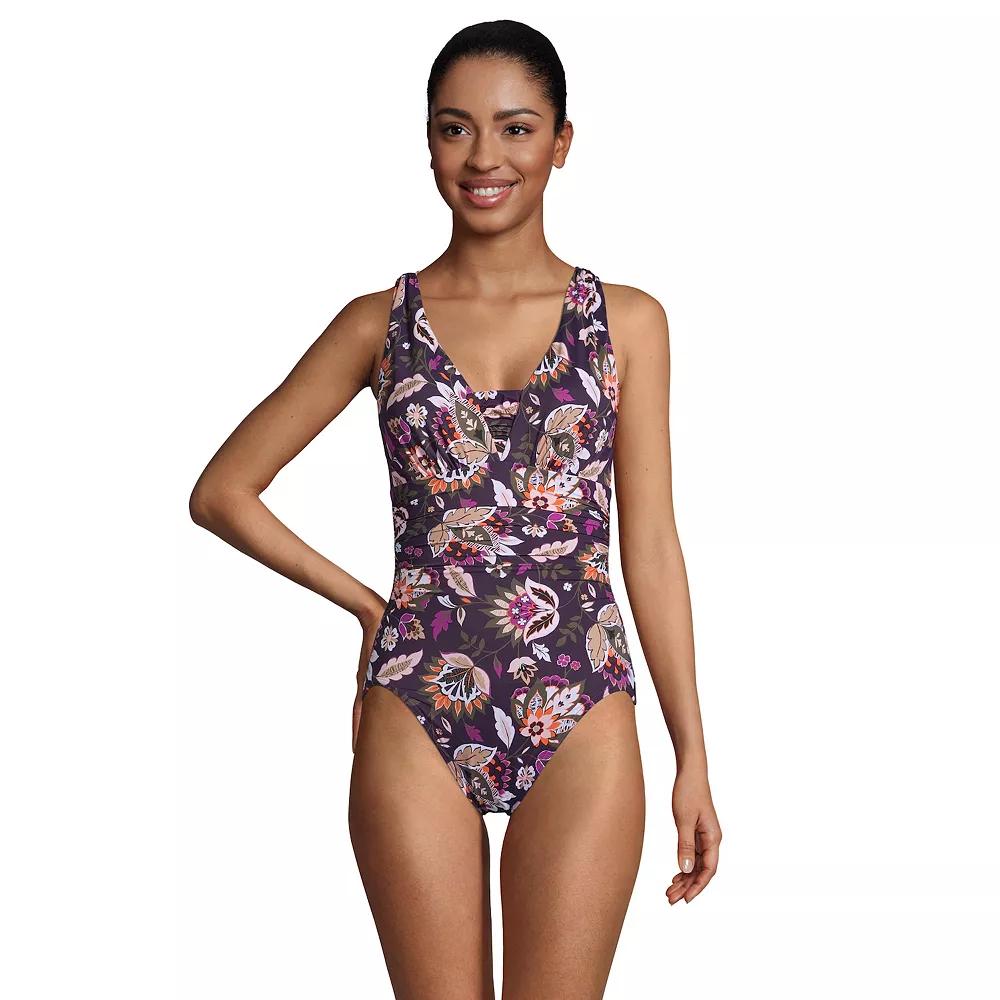 Women's Lands' End DDD-Cup Slender Grecian Tummy Control Print UPF 50 One-Piece Swimsuit, Size: 18 Ddd, Red Rose Purple Product Image