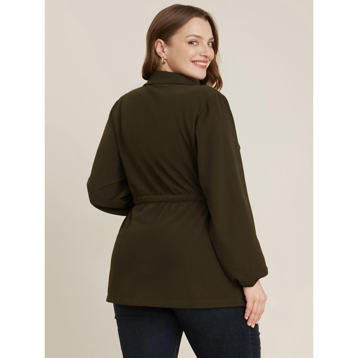 Plus Size ArmyGreen Solid Suit Collar Lantern Sleeve Button Up Drawstring Blouse Women Office Long Sleeve Suit Collar Office Blouses BloomChic 30/6X Product Image