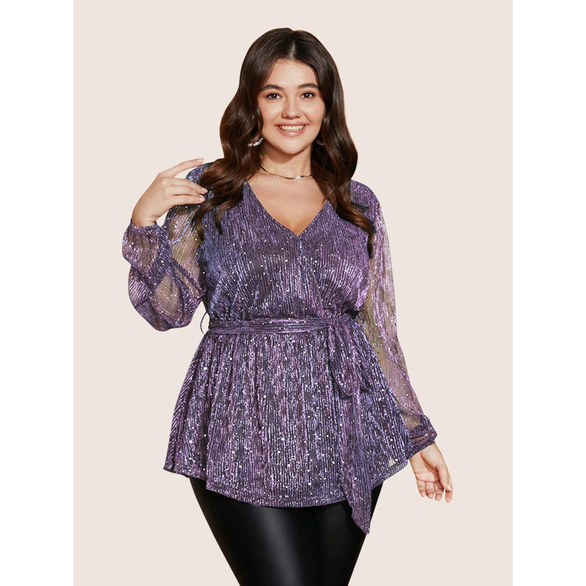 Plus Size Lilac Sequin Mesh Lantern Sleeve Wrap Belted Striped Blouse Women Party&Cocktail Long Sleeve Overlap Collar Party Blouses BloomChic 10/M Product Image