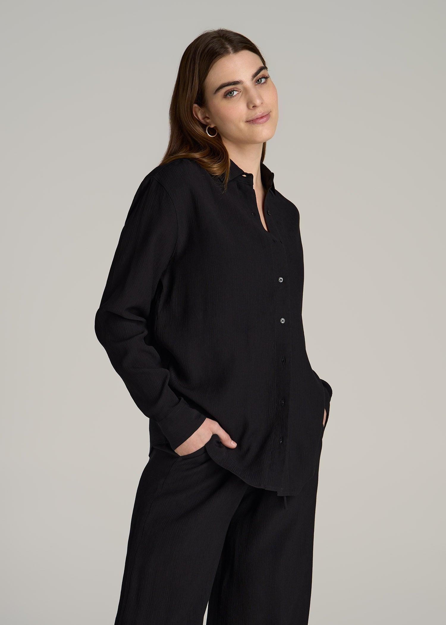 Long Sleeve Crinkle Blouse for Tall Women in Black Female Product Image