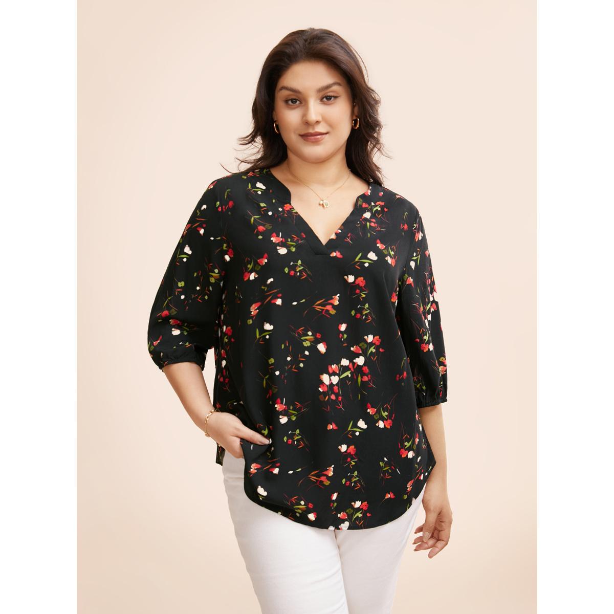 Plus Size Black Floral Notched Pleated Lantern Sleeve Blouse Women Elegant Elbow-length sleeve Flat collar with V-notch Everyday Blouses BloomChic 12/L Product Image
